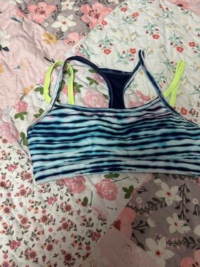 Marika Blue Striped Racerback Swim Top with Neon Yellow Straps